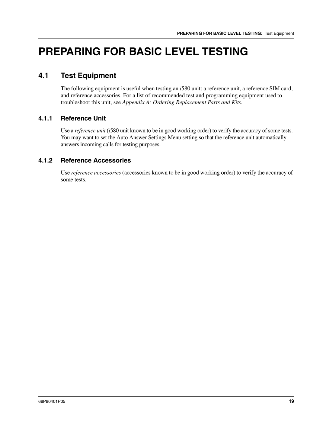 Motorola I580 service manual Preparing for Basic Level Testing, Test Equipment, Reference Unit, Reference Accessories 