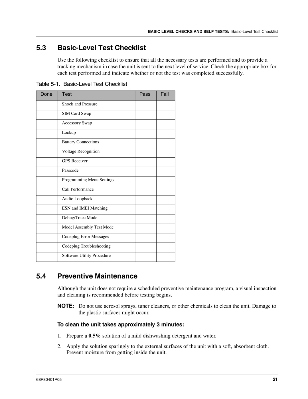 Motorola I580 Basic-Level Test Checklist, Preventive Maintenance, To clean the unit takes approximately 3 minutes 