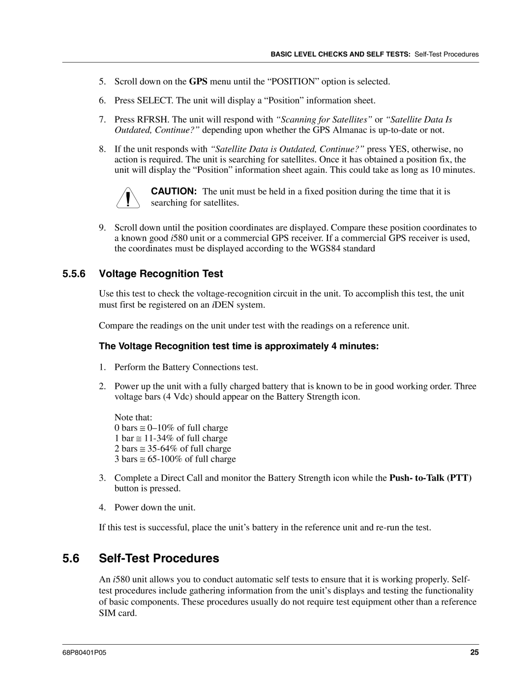 Motorola I580 Self-Test Procedures, Voltage Recognition Test, Voltage Recognition test time is approximately 4 minutes 