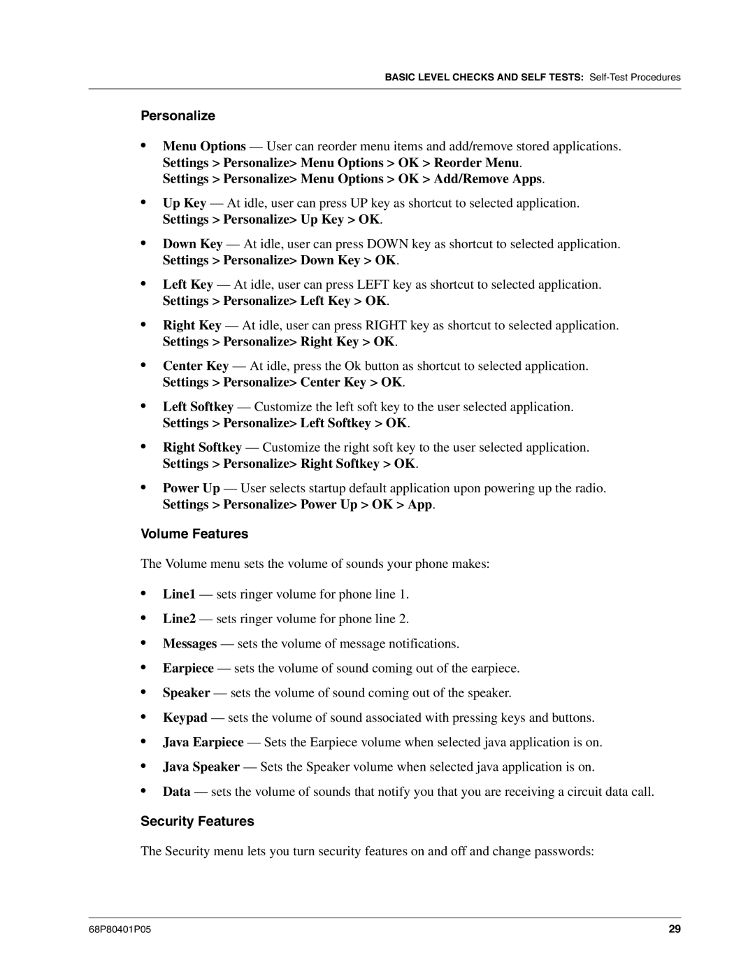 Motorola I580 service manual Personalize, Volume Features, Security Features 