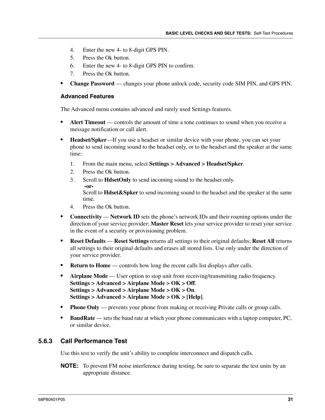 Motorola I580 service manual Call Performance Test, Advanced Features 