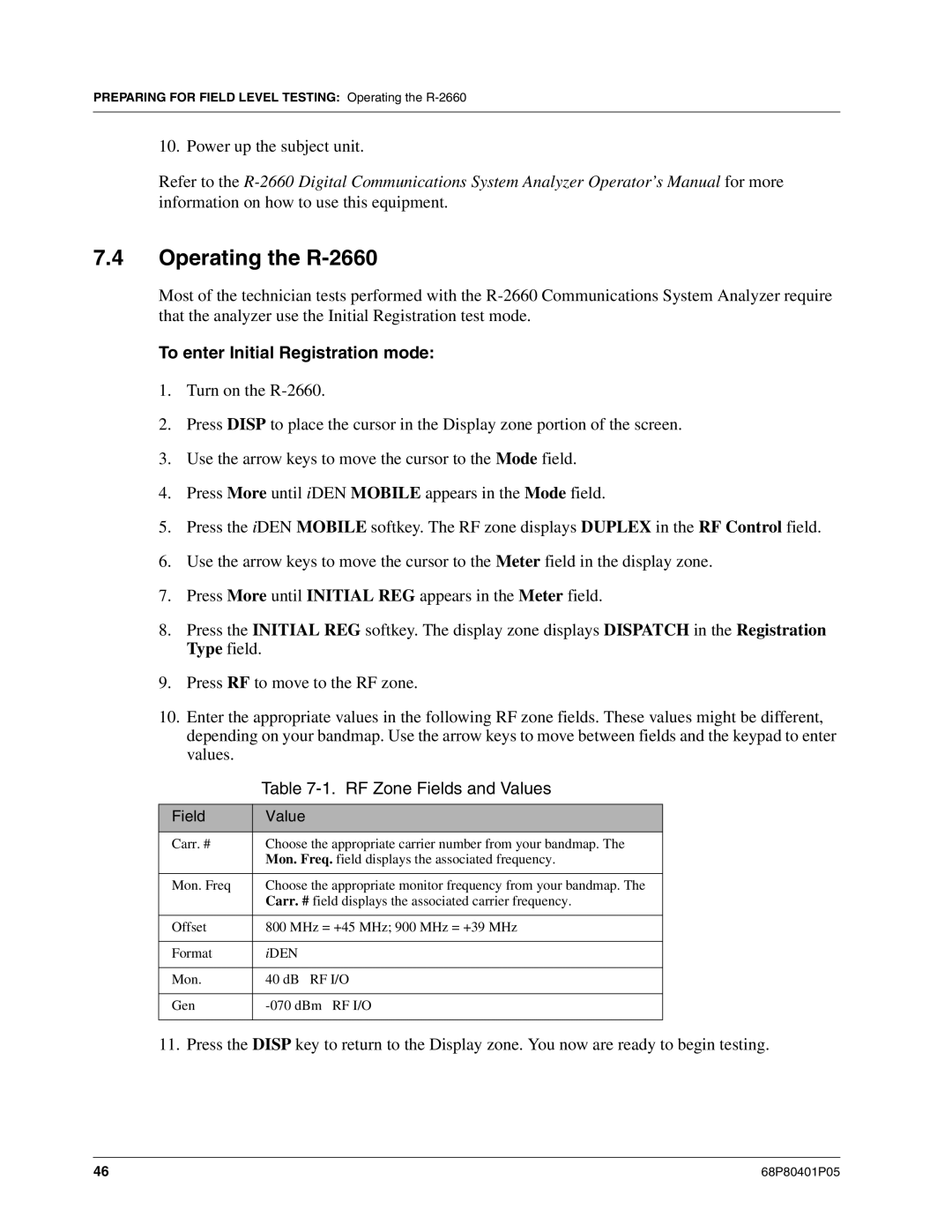 Motorola I580 service manual Operating the R-2660, To enter Initial Registration mode, RF Zone Fields and Values 