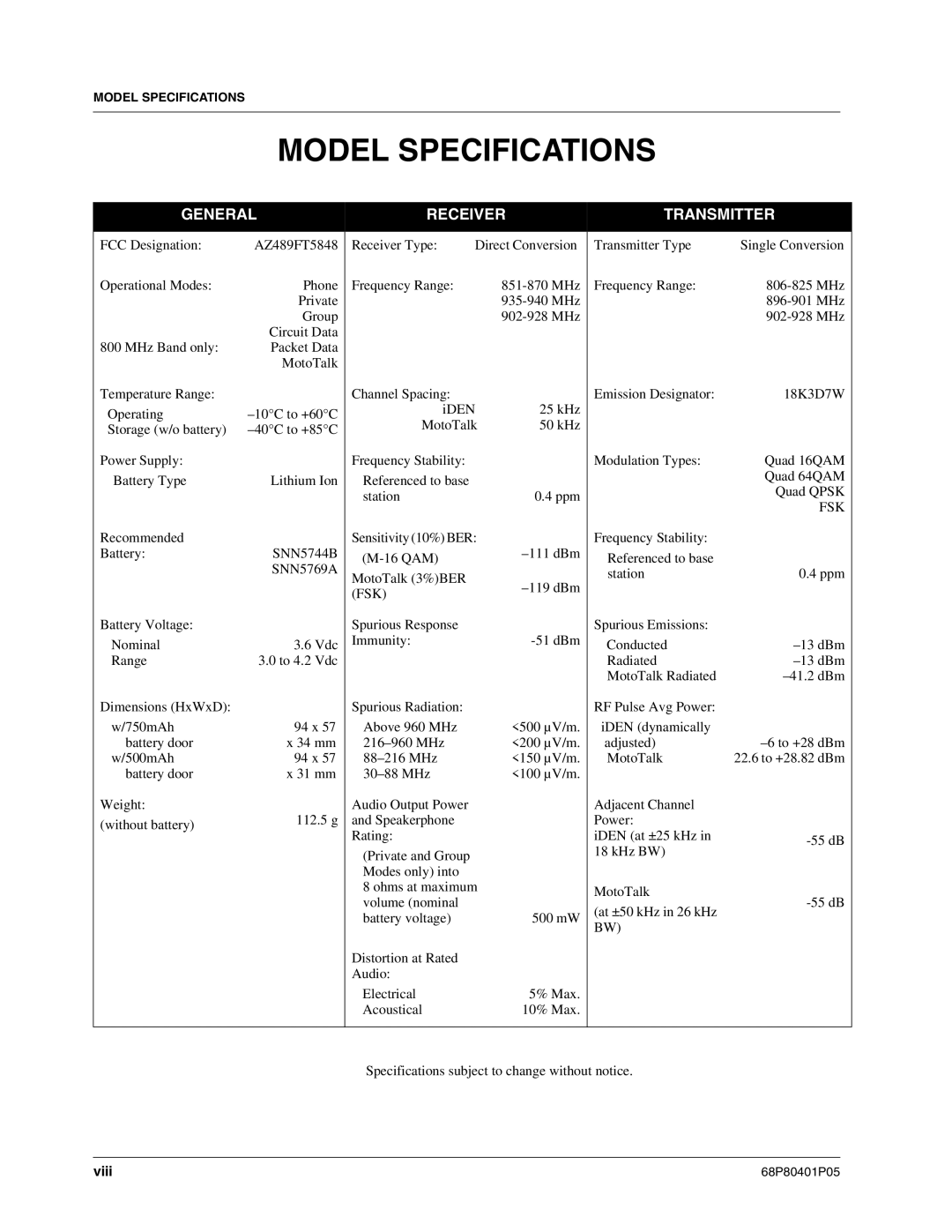 Motorola I580 service manual Model Specifications, General Receiver Transmitter 