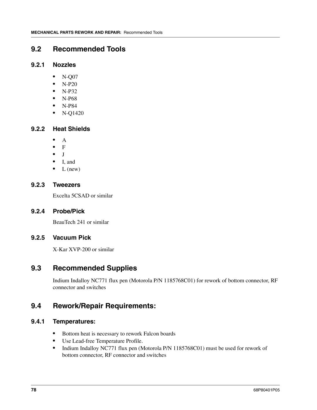 Motorola I580 service manual Recommended Tools, Recommended Supplies, Rework/Repair Requirements 