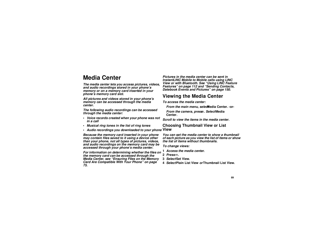 Motorola I580 manual Viewing the Media Center, Choosing Thumbnail View or List View 