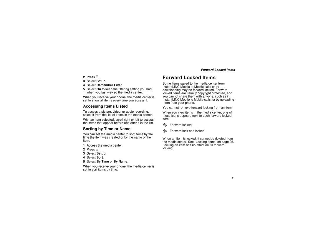 Motorola I580 manual Forward Locked Items, Accessing Items Listed, Sorting by Time or Name 