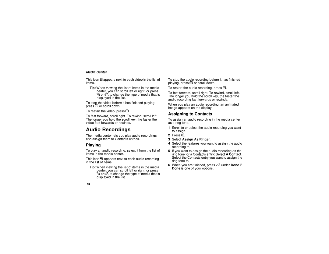 Motorola I580 manual Audio Recordings, Select Assign As Ringer 