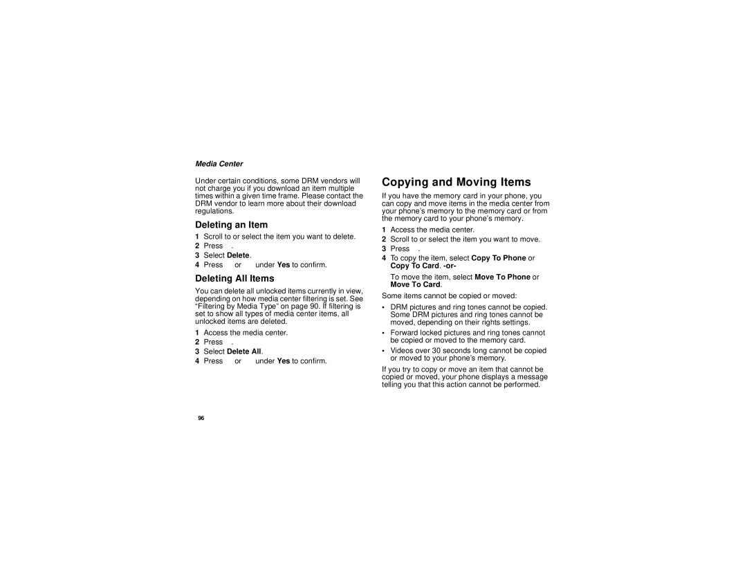 Motorola I580 manual Copying and Moving Items, Deleting an Item, Deleting All Items 