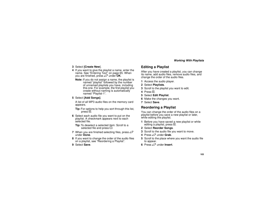 Motorola I580 manual Editing a Playlist, Reordering a Playlist, Working With Playlists 