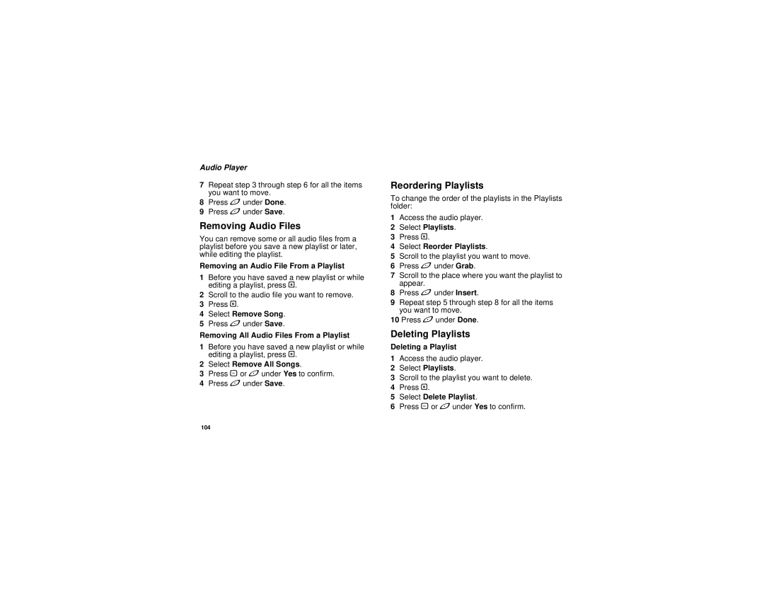 Motorola I580 manual Removing Audio Files, Reordering Playlists, Deleting Playlists 