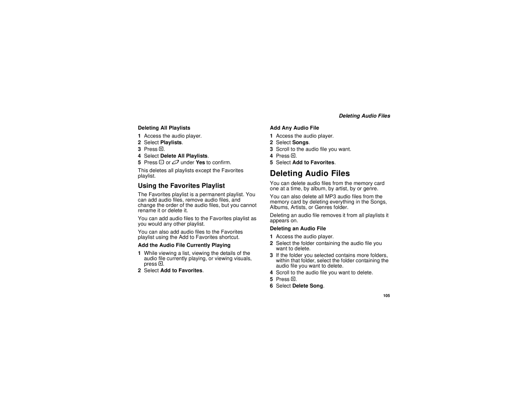 Motorola I580 manual Deleting Audio Files, Using the Favorites Playlist 