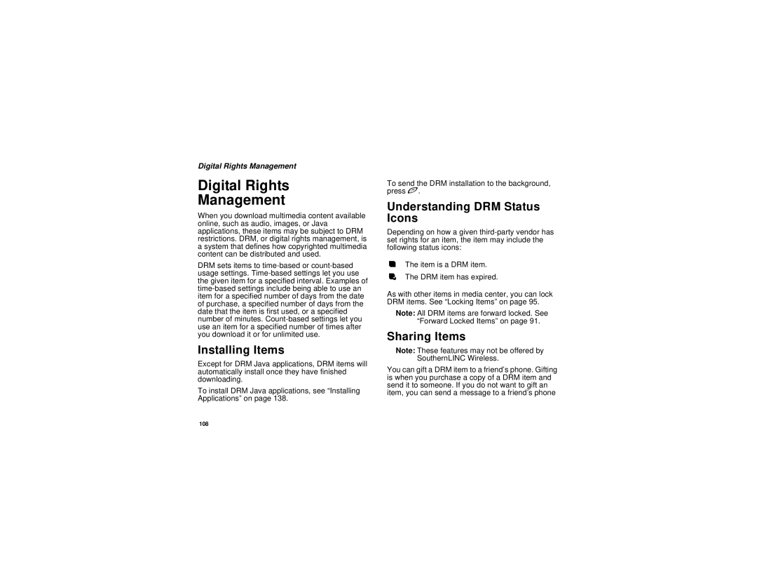 Motorola I580 manual Digital Rights Management, Installing Items, Understanding DRM Status Icons, Sharing Items 