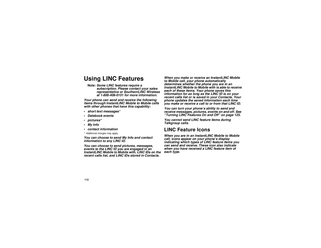 Motorola I580 manual Using Linc Features, Linc Feature Icons 