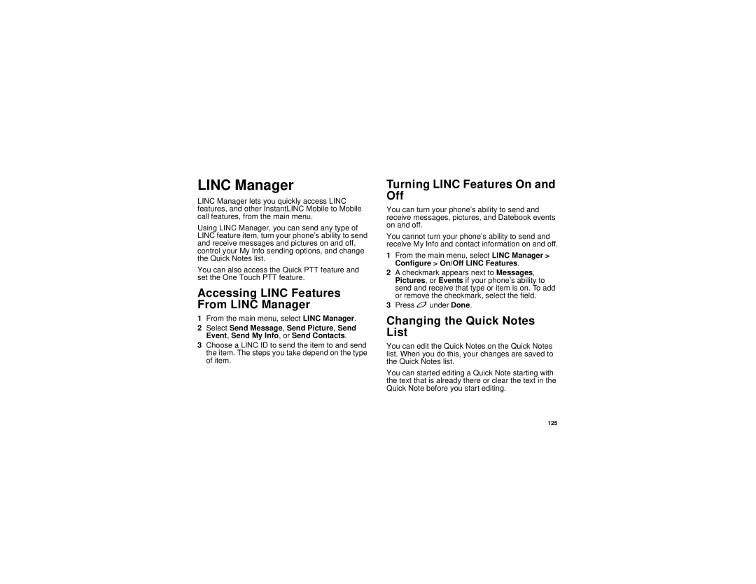 Motorola I580 manual Accessing Linc Features From Linc Manager, Turning Linc Features On and Off 