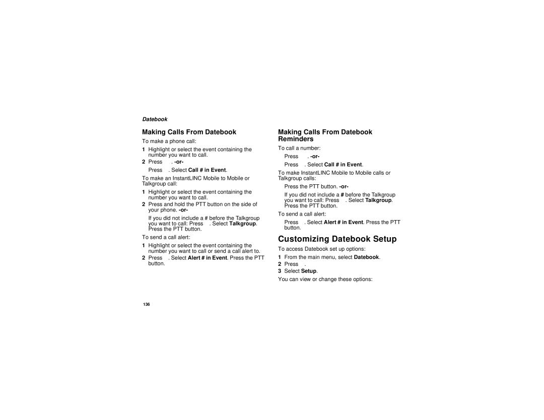 Motorola I580 manual Customizing Datebook Setup, Making Calls From Datebook Reminders 