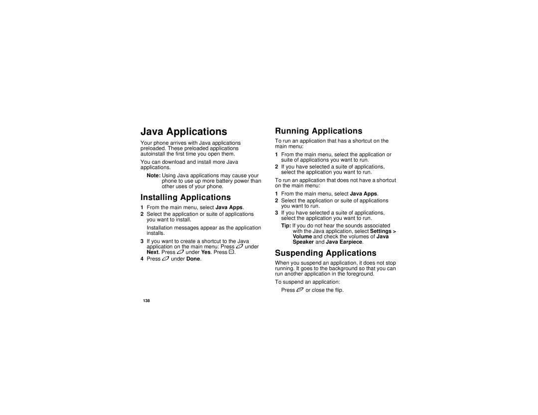 Motorola I580 manual Java Applications, Installing Applications, Running Applications, Suspending Applications 