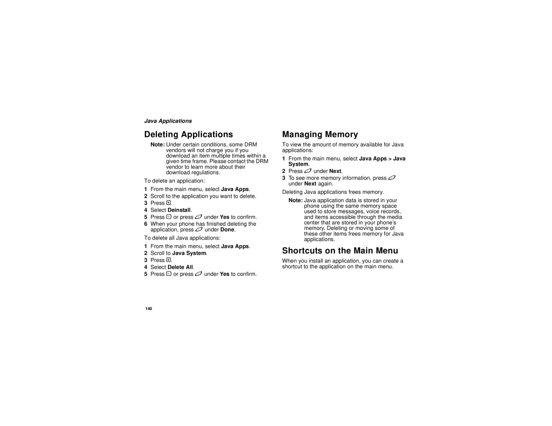Motorola I580 manual Deleting Applications, Shortcuts on the Main Menu, Java Applications, Select Deinstall 