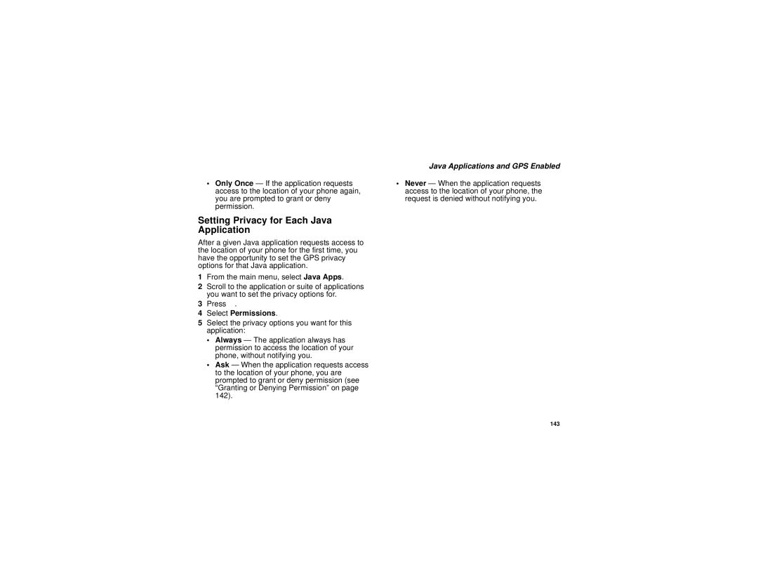 Motorola I580 manual Setting Privacy for Each Java Application, Select Permissions 