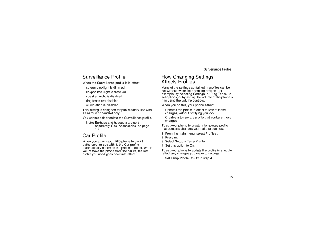 Motorola I580 manual Surveillance Profile, Car Profile, How Changing Settings Affects Profiles, Select Setup Temp Profile 