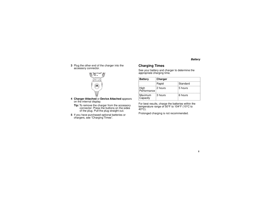 Motorola I580 manual Charging Times, Battery Charger 