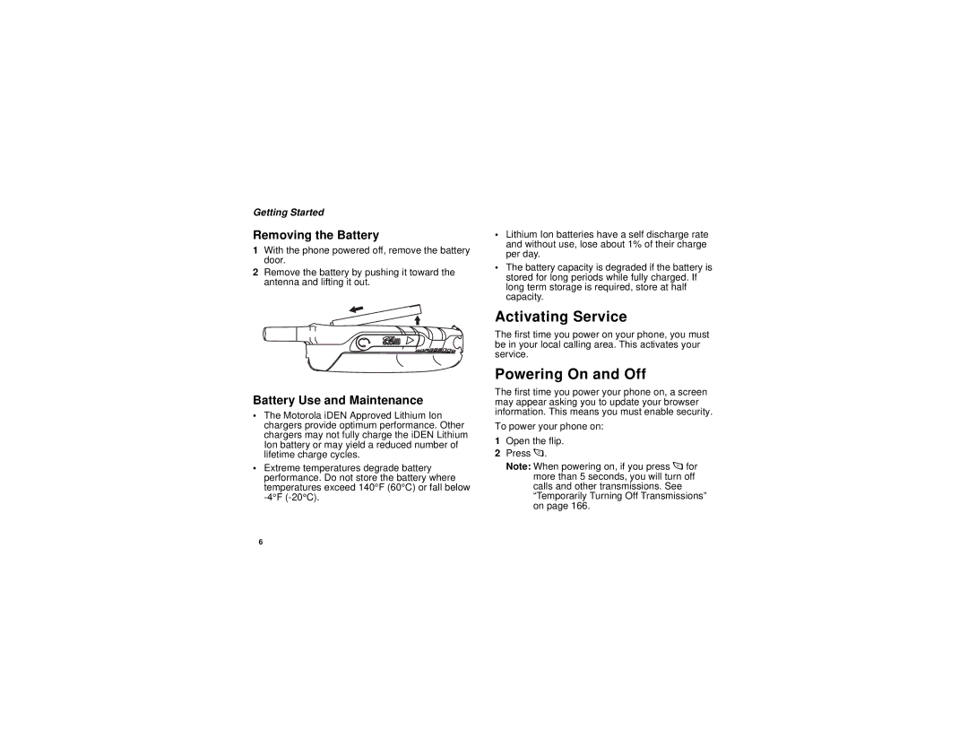 Motorola I580 manual Activating Service, Powering On and Off, Removing the Battery, Battery Use and Maintenance 