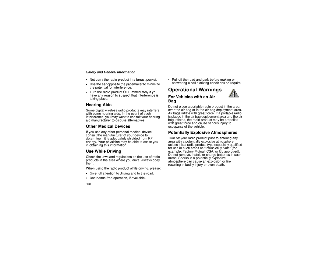 Motorola I580 manual Operational Warnings 