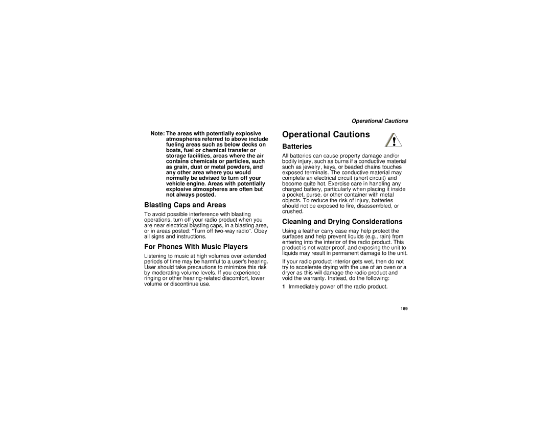 Motorola I580 manual Operational Cautions, Blasting Caps and Areas, For Phones With Music Players, Batteries 