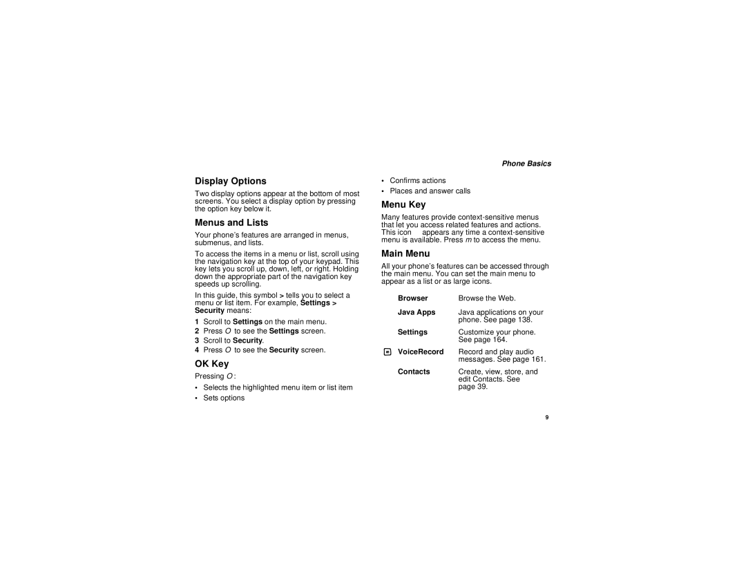 Motorola I580 manual Display Options, Menus and Lists, OK Key, Menu Key, Main Menu 