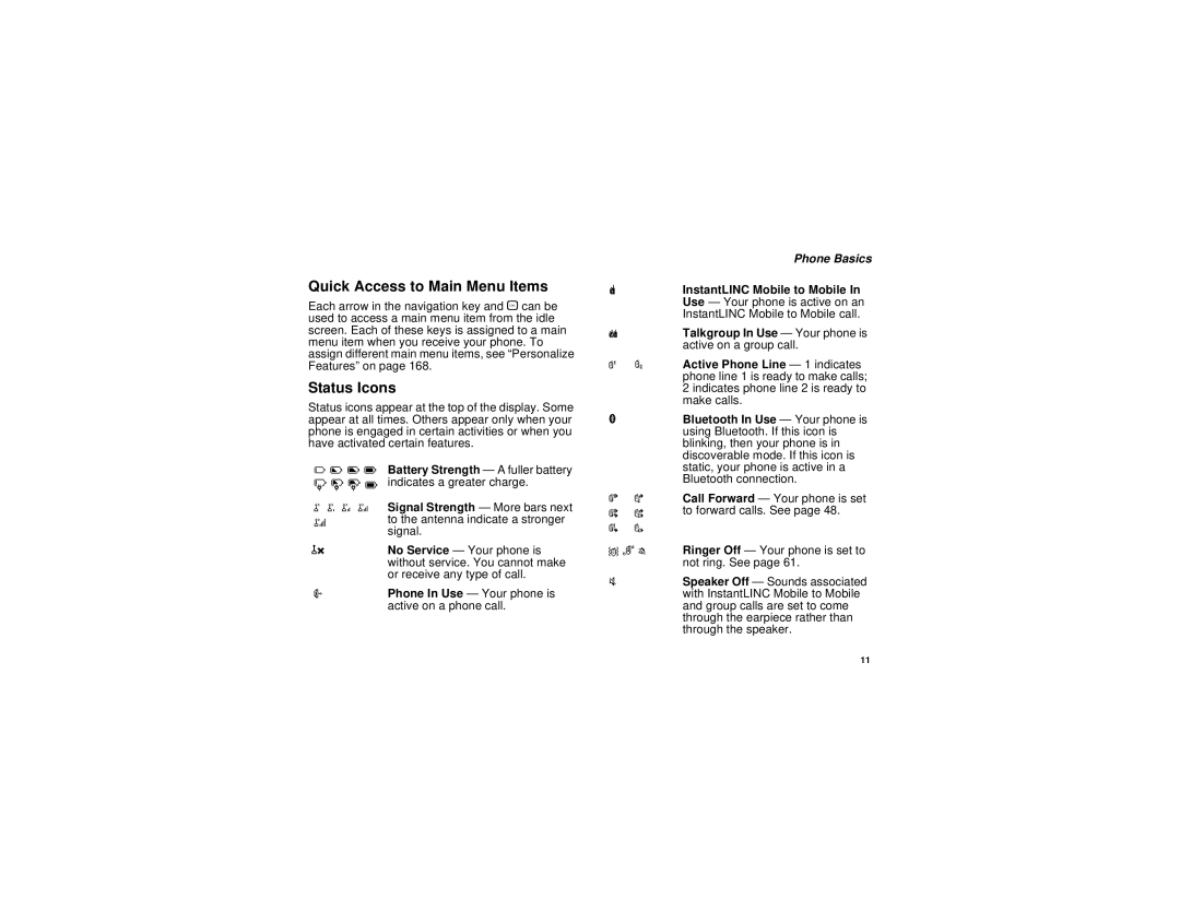 Motorola I580 manual Quick Access to Main Menu Items, Status Icons, OpqrSignal Strength More bars next 
