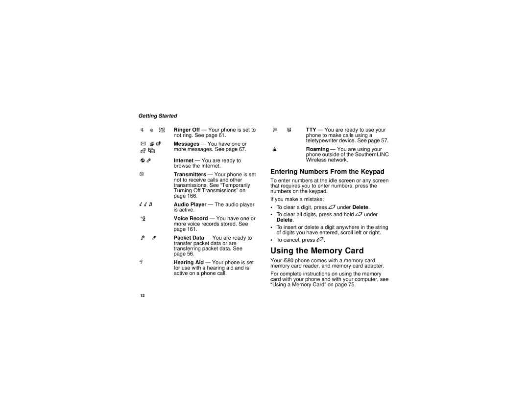 Motorola I580 manual Using the Memory Card, Entering Numbers From the Keypad, Audio Player The audio player is active 