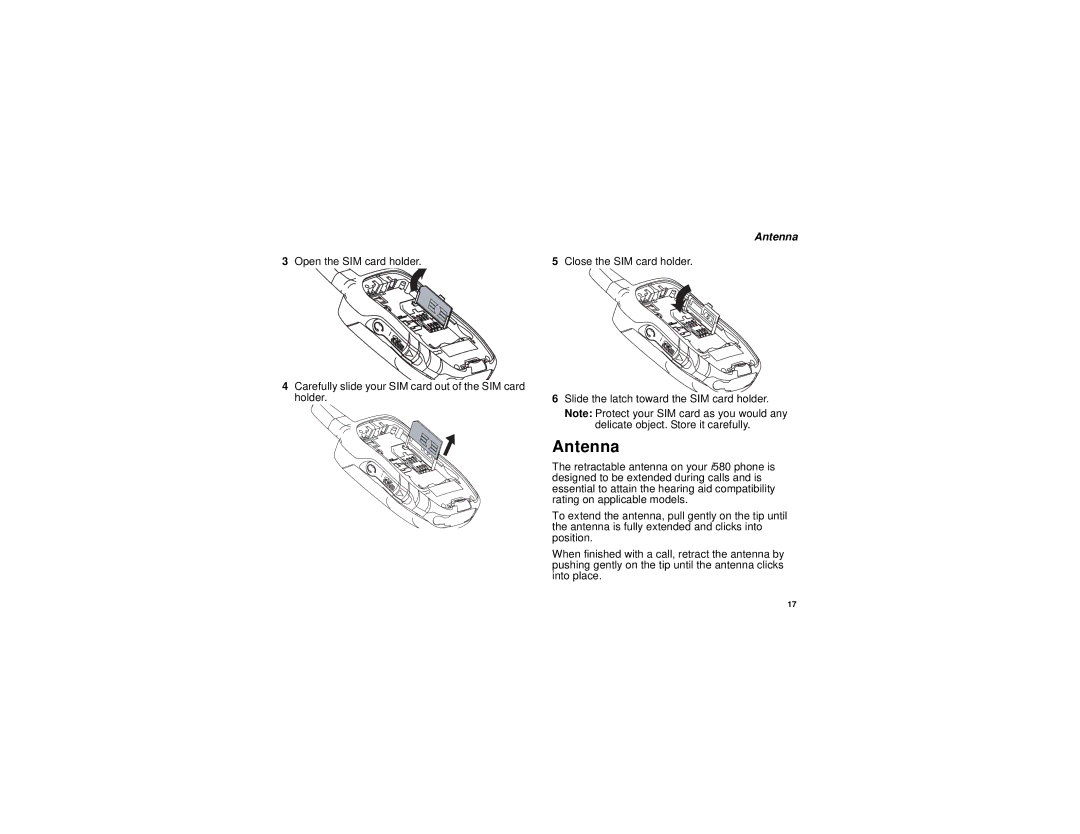 Motorola I580 manual Antenna, Open the SIM card holder Close the SIM card holder 