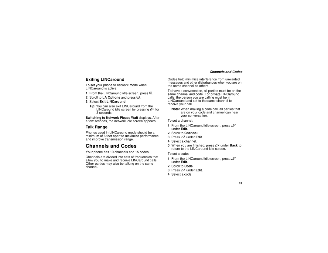 Motorola I580 manual Channels and Codes, Exiting LINCaround, Talk Range, Select Exit LINCaround 