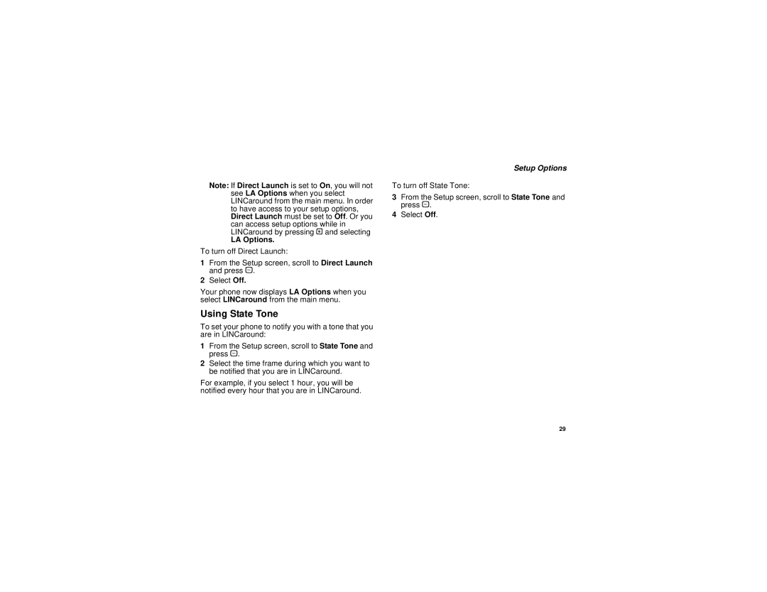 Motorola I580 manual Using State Tone, LA Options, Setup Options 