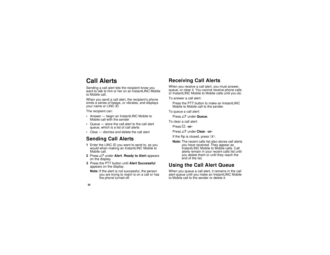 Motorola I580 manual Sending Call Alerts, Receiving Call Alerts, Using the Call Alert Queue 