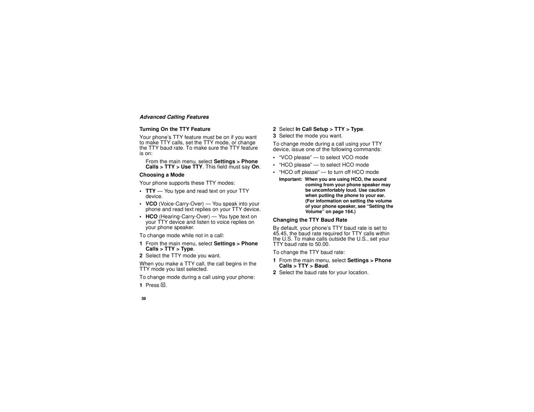 Motorola I580 manual Turning On the TTY Feature, Choosing a Mode, Select In Call Setup TTY Type, Changing the TTY Baud Rate 