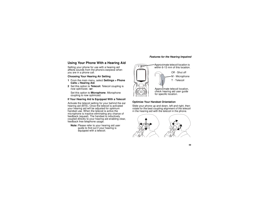 Motorola I580 Using Your Phone With a Hearing Aid, Choosing Your Hearing Air Setting, Optimize Your Handset Orientation 