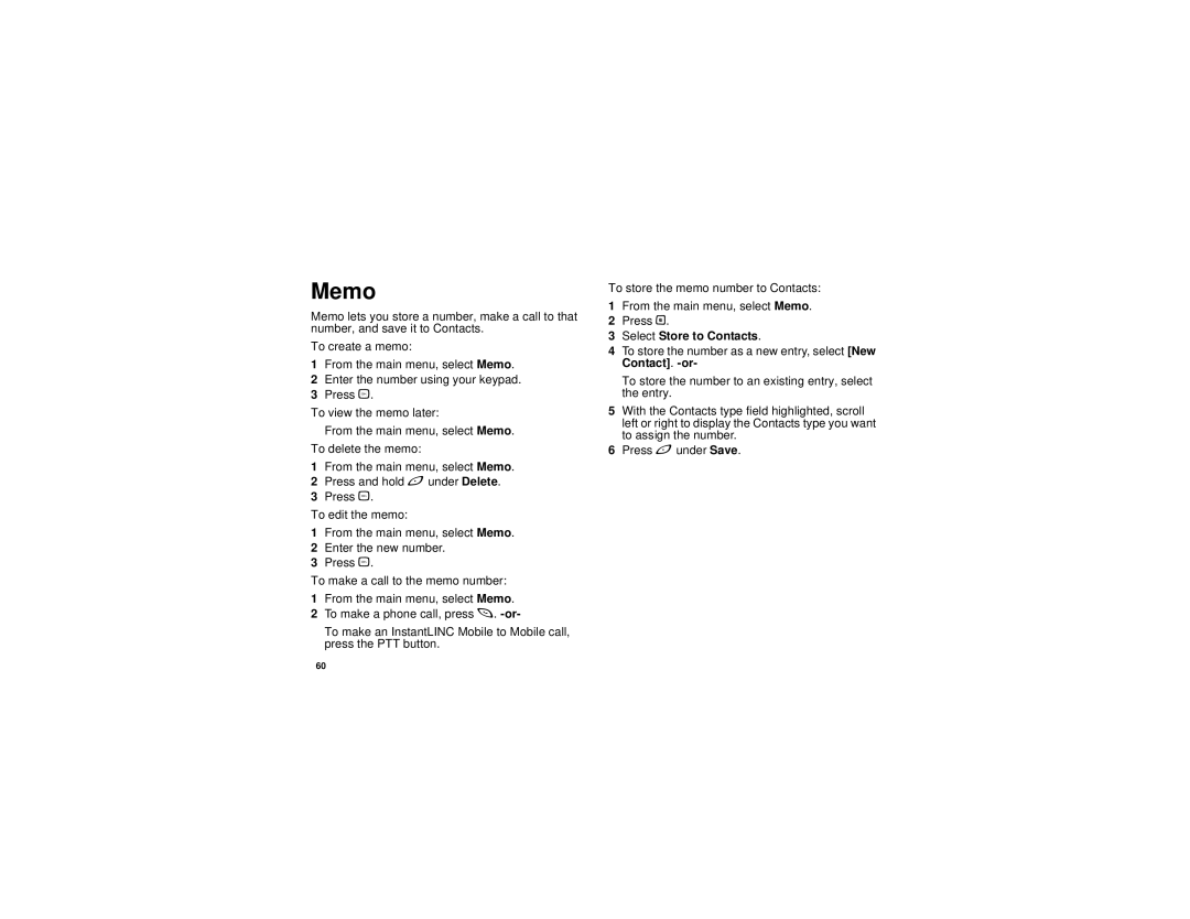 Motorola I580 manual Memo, Select Store to Contacts 