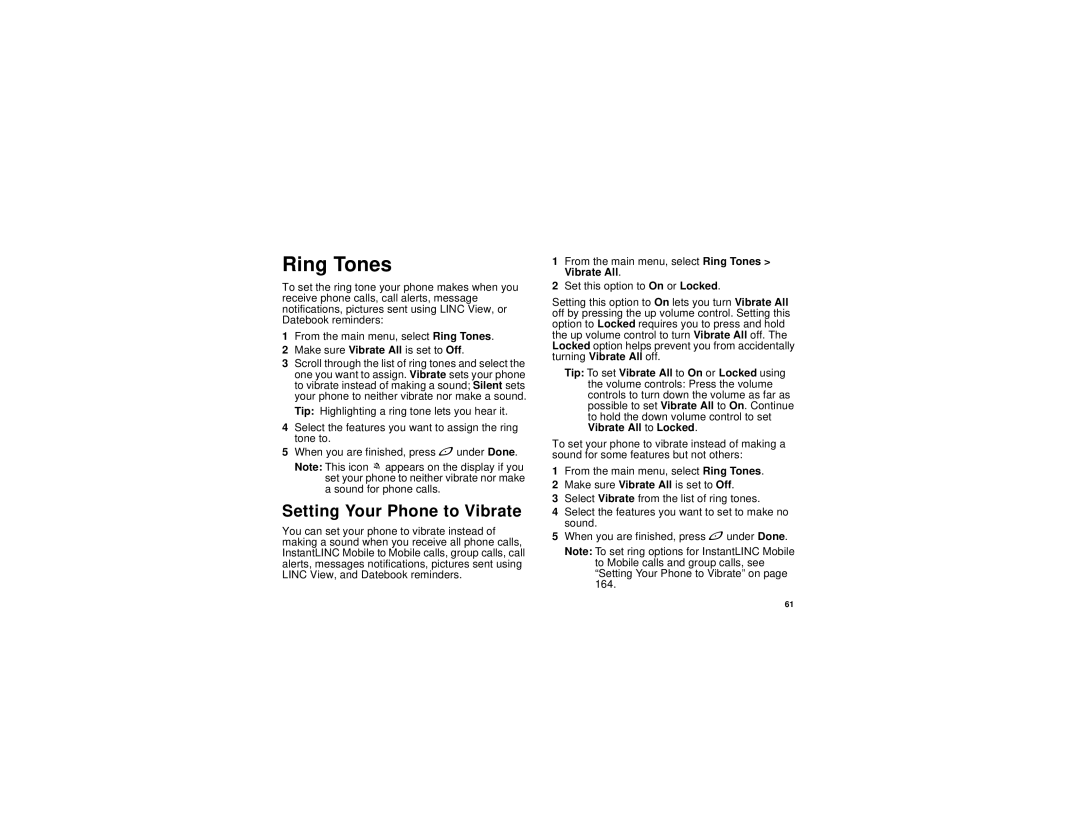 Motorola I580 manual Ring Tones, Setting Your Phone to Vibrate 