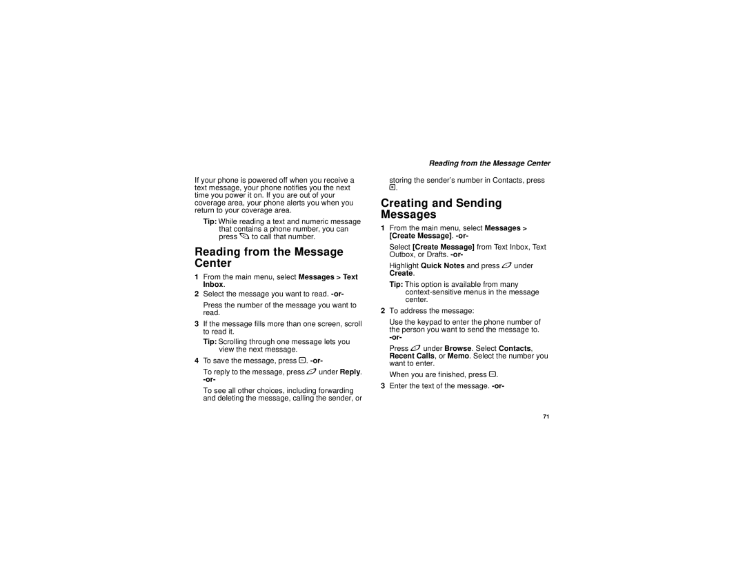 Motorola I580 manual Reading from the Message Center, Creating and Sending Messages 