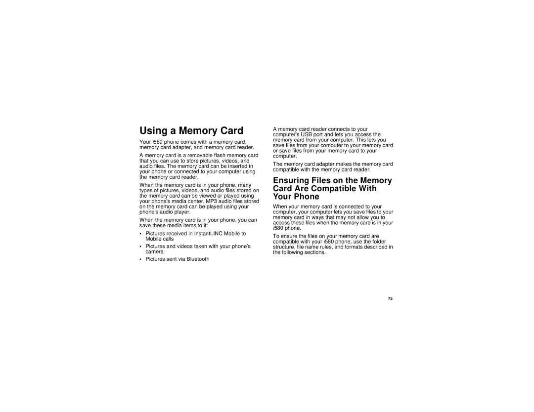 Motorola I580 manual Using a Memory Card 