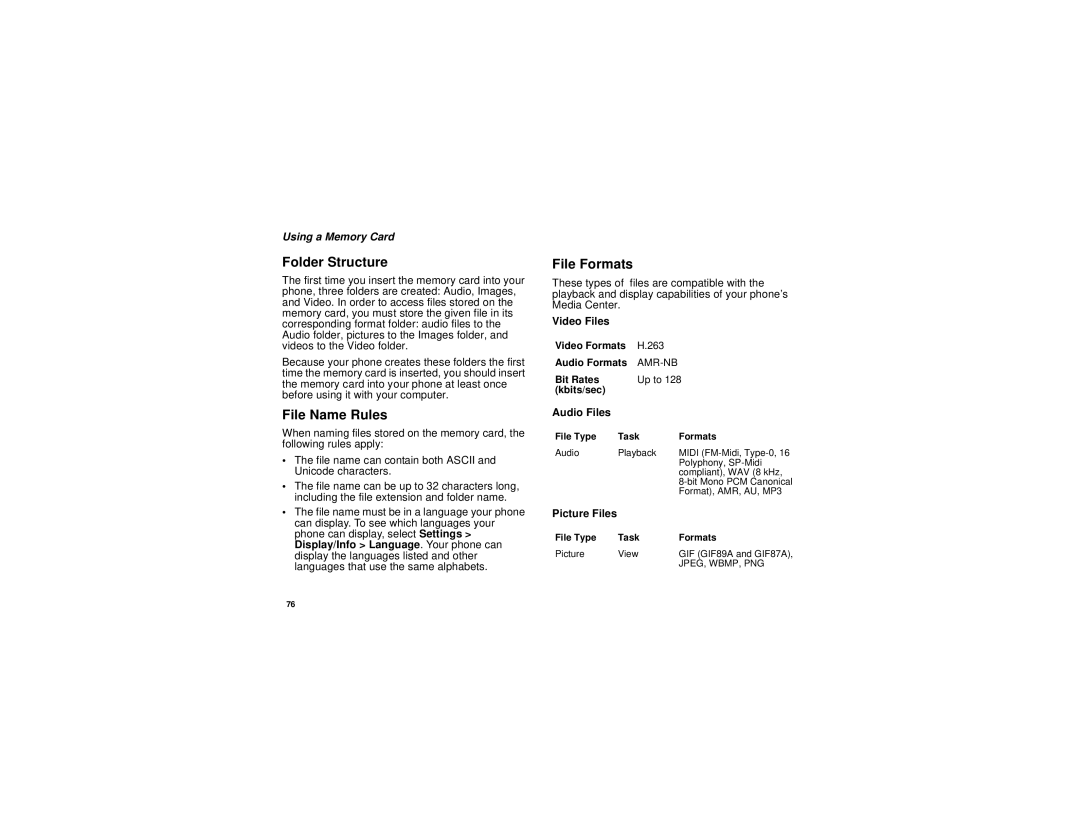 Motorola I580 manual Folder Structure, File Name Rules, File Formats, Using a Memory Card, Video Files 