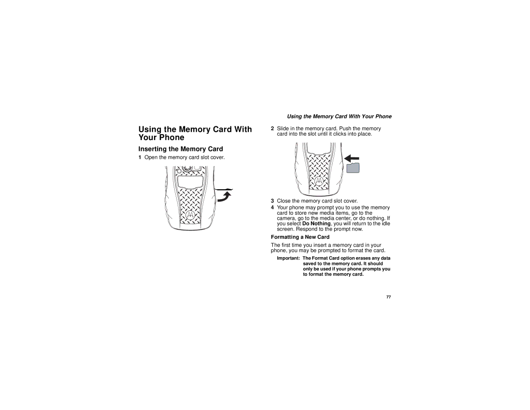 Motorola I580 manual Using the Memory Card With Your Phone, Inserting the Memory Card, Formatting a New Card 