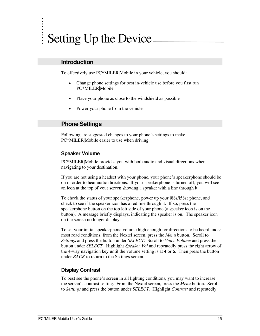 Motorola i88s, i58sr manual Setting Up the Device, Introduction, Phone Settings, Speaker Volume, Display Contrast 