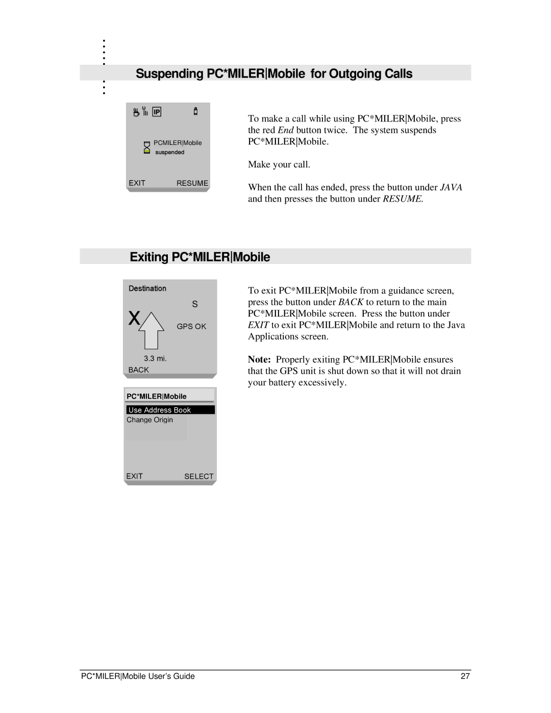 Motorola i88s, i58sr manual Exiting PC*MILERMobile, Suspending PC*MILERMobile for Outgoing Calls 