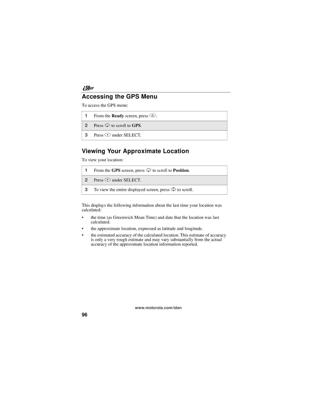 Motorola i58sr manual Accessing the GPS Menu, Viewing Your Approximate Location 