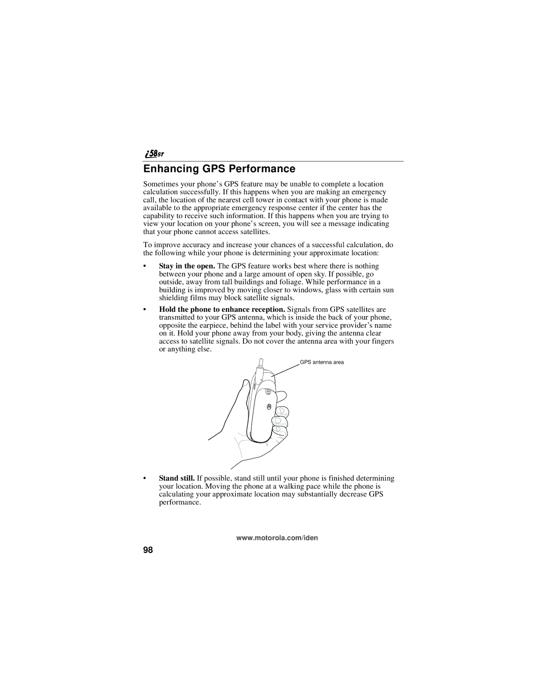 Motorola i58sr manual Enhancing GPS Performance 