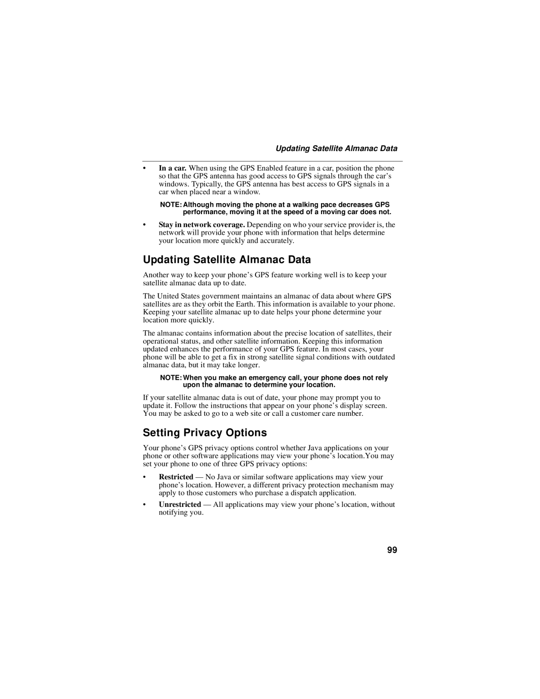 Motorola i58sr manual Updating Satellite Almanac Data, Setting Privacy Options 