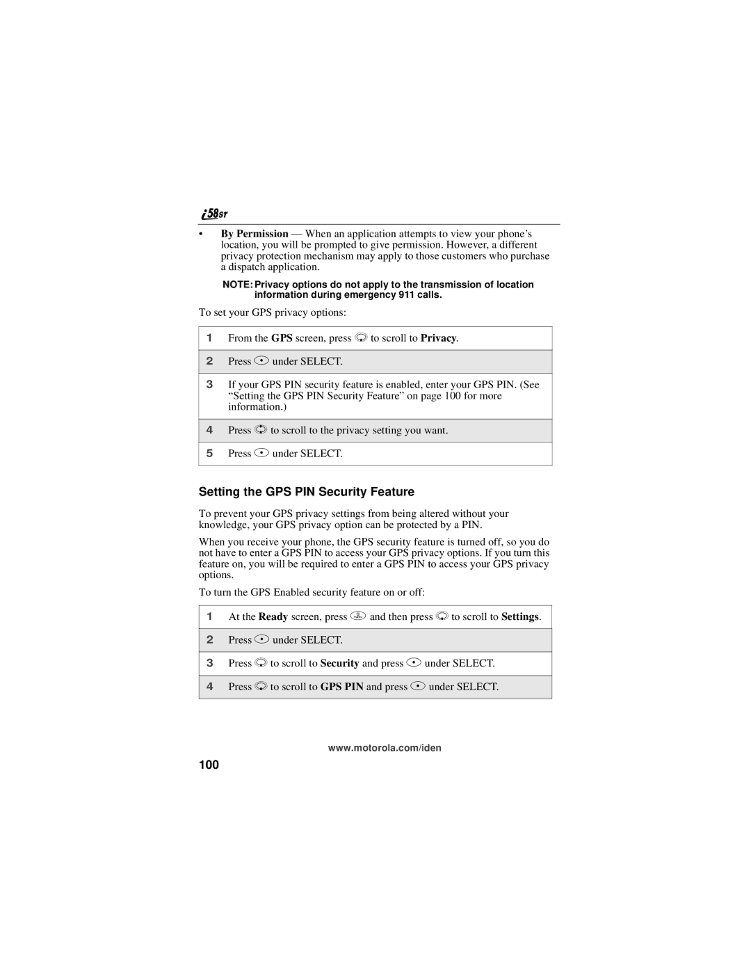 Motorola i58sr manual Setting the GPS PIN Security Feature, 100 