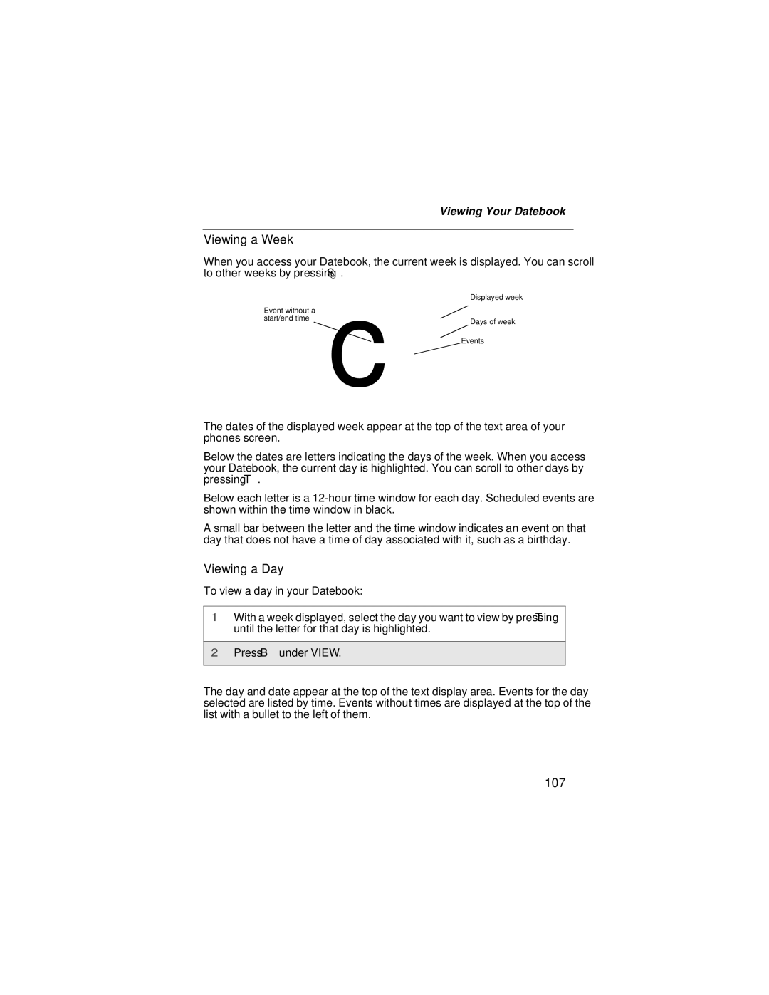 Motorola i58sr manual Viewing a Week, Viewing a Day, 107, Viewing Your Datebook 