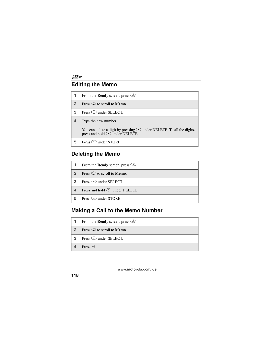 Motorola i58sr manual Editing the Memo, Deleting the Memo, Making a Call to the Memo Number, 118 